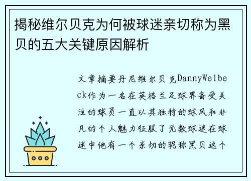 揭秘维尔贝克为何被球迷亲切称为黑贝的五大关键原因解析